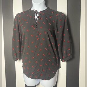 Torrid Plus 3/4 Sleeve Black Challis Blouse w/ Red Bow Pattern & Neck Ties: SZ 1